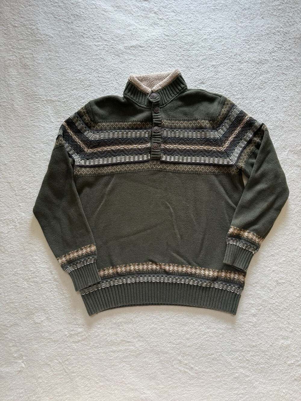 G.H. Bass & Co Green Fair Isle Mock Neck Button Faux Fur Pullover Sweater Medium